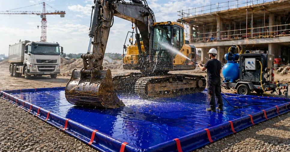 Aire et bâche de lavage mobile pour chantiers