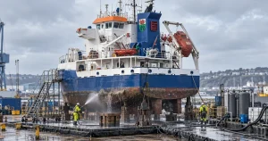 Nettoyage d'une coque de navire sur la rade de Brest